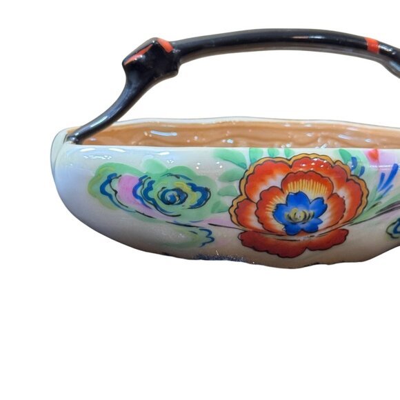 Vintage Orange Lusterwear Hand painted Japanese Ceramic Basket  Floral - Picture 3 of 10